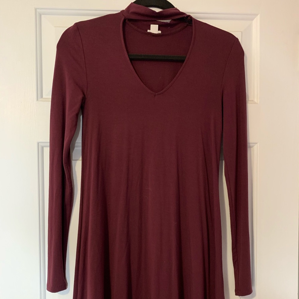 Burgundy Knee Length Cotton Dress